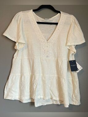 NWT Lucky Brand Sz Large Women’s Cream Babydoll Blouse Flutter Sleeve Top Rt $49